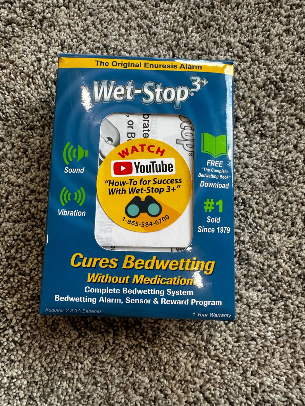 Wet-Stop 3+ Bedwetting Alarm in Blue and Yellow Packaging